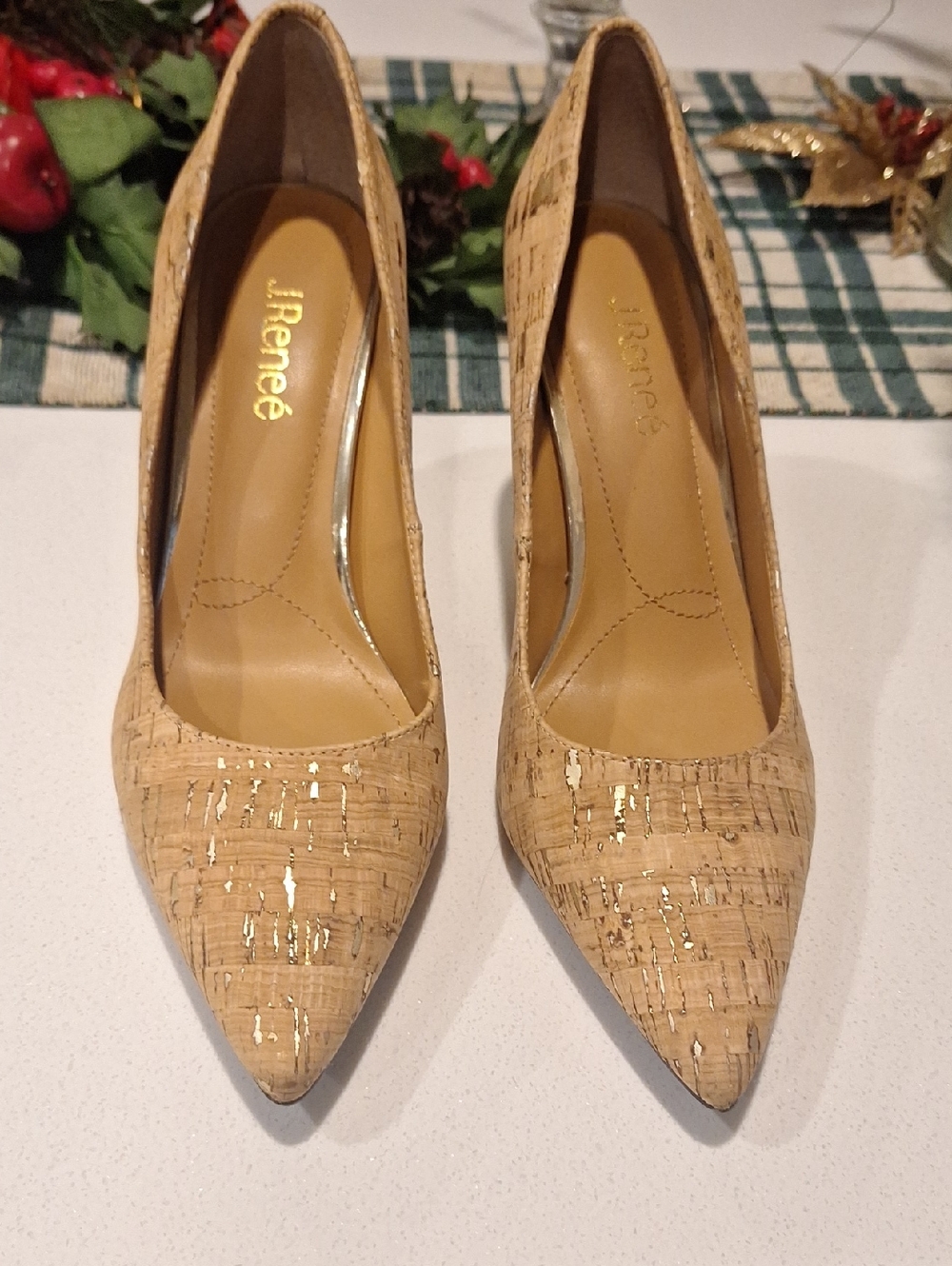 Women's Cork Pointed-Toe Pumps in Natural with Gold Accent